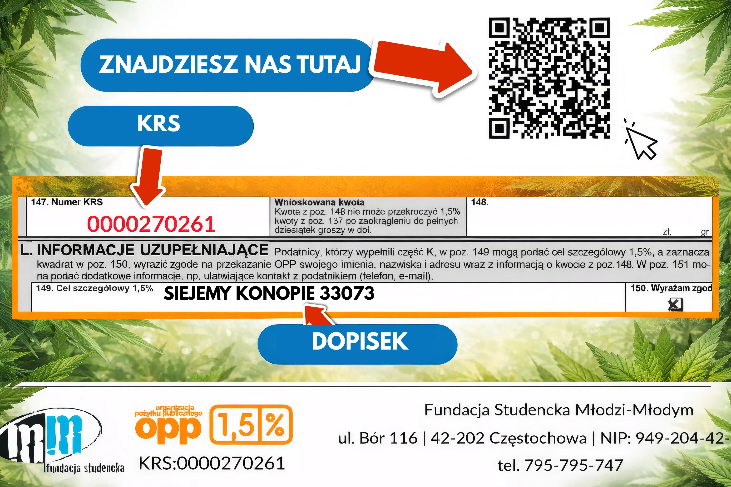 Instrukcja jak przekazać 1,5% podatku dla Fundacji SiejeMy Konopie